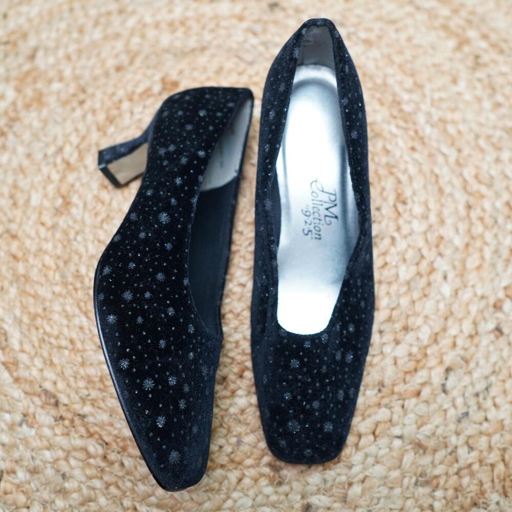 PM Collection Black Velvet Glitter Pumps 7.5